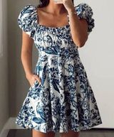 Abercrombie Ruched Puff Sleeve Blue Floral Print Mini Dress Size Medium NWT Photo 0
