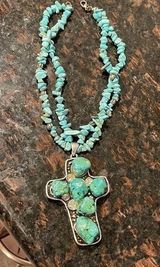 Authentic Turquoise stone and silver cross necklace Blue Photo 0