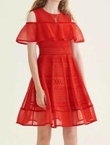 Maje  red mesh dress with ruffle sleeves and pleated detailing Size 2/EU38 Photo 0