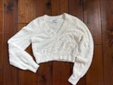 Aritzia Sunday Best Fuzzy White V-Neck Cropped Sweater Photo 0