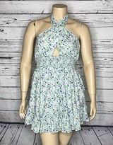 Aerie NWT Size XL Blue Green Floral Print Smock Waist 100% Cotton Halter Dress Photo 0