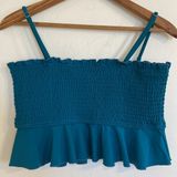 Cupshe  Women’s Teal Smocked Adjustable Strap Swim Tankini Crop Top Large Photo 0