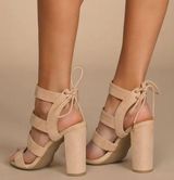 Lulus Marlena Almond Suede Caged Lace-Up Heels
size 7.5 tan nude dressy classy Photo 0