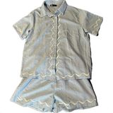 PrettyGarden Blue Sz S Short Set Button Top Elastic Waist White Stitch Detail Photo 0