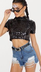 Pretty Little Thing Black Open Back Sequin Crop Top Photo 0