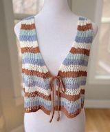 Ultra Flirt Brown White Blue Striped Crochet Cropped Tie Front Sleeveless Top XL Photo 0