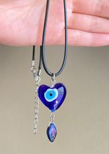 Handmade hippie funky boho style Evil Eye lamp work glass bead & Czech glass leaf bead unisex necklace👁💙🍃 Photo 0