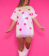 Blushing Hearts Iridescent Sequin Pink Heart TShirt Dress Size Medium White Photo 0