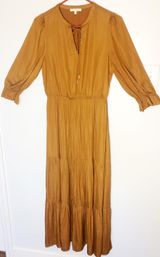 Skies Are Blue Maxi Dress Silky Long Sleeve Tiered Burnt Orange Sz Small Flowy Photo 0