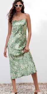 Zara Green Printed Slip Midi Dress Small Satin Tropical Floral Sleeveless Photo 0