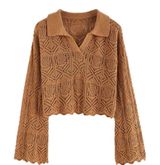 One Sz Hollow Out Flared Sleeve Crop Knit Top Caramel Boho Cottagecore Photo 0