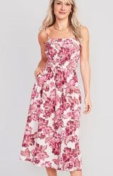 Waist-Defined Floral Linen-Blend Smocked Midi Cami Dress Photo 0