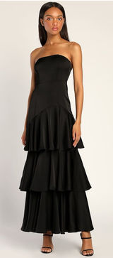 LULU’S Blissfully Beautiful Black Satin Strapless Tiered Maxi Dress Photo 0