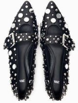 NWOT Zara mirrored dot studded pointy toe ballet flat buckle Mary Jane black Photo 0