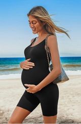 Summer Mae Women Maternity Bodysuit Ribbed Pregnancy Seamless Jumpsuit Romper Workout Tank Top Shorts Stretchy Photo 0