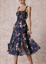 RIHOAS The Navy Lace Up Floral Ruched Midi Dress Blue Size L Photo 0