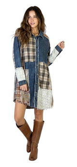 Gimmicks Patchwork Denim Plaid Oversized Shacket Womens XL Brown Coastal Cowgirl Photo 0