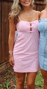 Lilly Pulitzer Petra Seersucker Pink White Pinstriped Dress Front bows Size 2 Photo 0