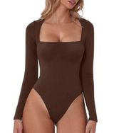NEW QINSEN Square Neck Bodysuit Long Sleeve Double Lined L Brown Size L Photo 0