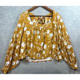 Free People Mustard Floral Long Sleeve Blouse Balloon Sleeves Back Tie Linen L Photo 0