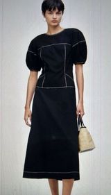 Madewell Jinni Dress Short Puff Sleeve Drop Waist Top Stitching Midi Black Sz 2 Photo 0