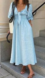 Commense Cotton Linen Twist‎ Tunic Midi Dress Light Blue Short Puffed Sleeve NWT Size M Photo 0