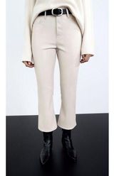ZARA High Rise Faux Leather Cropped Boot Flare Pants Cream 6 Photo 0