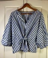 Striped Top Women Medium Boho Peasant Nautical Balloon Sleeves Cinched Waist Photo 0