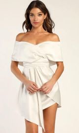 Always Celebrating Ivory Satin Off-the-Shoulder Mini Dress Photo 0