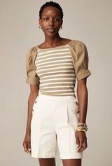 J. Crew Vintage rib top with cotton poplin puff sleeves in stripe Medium Classic Photo 0
