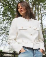 NEW WITH TAGS - ZARA ROUND NECK PIQUÉ BLAZER in white cream size small Photo 0