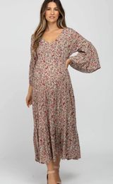 Pink Blush Maternity | Taupe Floral Tiered Bell Sleeve Maternity Midi Dress Photo 0