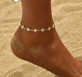 White Daisies Flower Beads Chain Anklet 14K Gold Plated Alloy Ankle Bracelet NEW Photo 0
