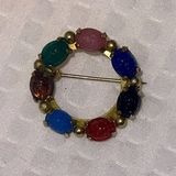 VINTAGE GLASS BEAD SCARAB BEETLE EGYPTIAN REVIVAL 1.25" BROOCH PIN ART Gold Photo 0