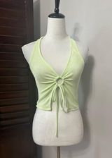 Elodie  Womens Tank Top Green Sleeveless Halter Tie O Ring Ruched Crop S New Photo 0