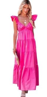 Free the Roses Tiered Maxi Dress Ruffled Flutter Sleeve Empire Waist Pink Medium Photo 0