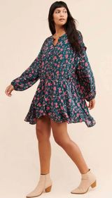 Free People Emerald Green Floral Flower Fields Long Sleeve Mini Dress Photo 0