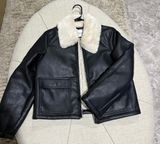 Abercrombie & Fitch Black Leather Jacket with Cream Fur Collar Photo 0