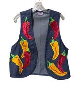 Southern Stitches Vest Blue Jean Denim Stitched Chili Peppers Unique Small Photo 0