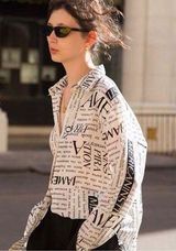 Newspaper All Over Print Long Sleeve Oversized Shirt Size US S (Asian size M) White Photo 0