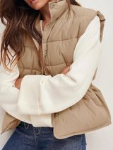 Womens Puffer Vest Stand Collar Button Down Padded Jacket with Drawstring Waist Tan Size M Photo 0