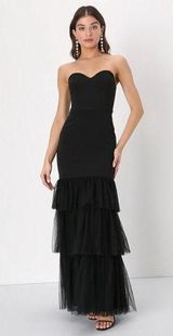 NWOT Lulus Dramatic Fanatic Black Strapless Tulle Trumpet Maxi Dress S Photo 0