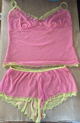 Victoria’s Secret pink/green mesh camisole set, tank top, boy shorts; size S Photo 0