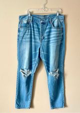 AMERICAN EAGLE | Blue High Rise Girlfriend Fit Distressed Denim Jeans Photo 0