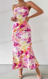 Floral Print Backless Drape Dress Photo 0