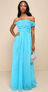 Undeniably Iconic Teal Blue Tuelle Pleated Strapless Maxi Dress Photo 0