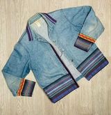 Vintage cold water creek Denim Jean jacket cotton embroidered Aztec hem designs Photo 0