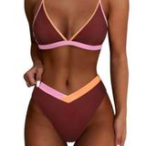 Womens Triangle High Cut Bikini Sets Sexy High Waisted Color Block Brown Size XL Photo 0