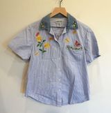 Embroidered Gingham Button Down with Denim Collar Photo 0