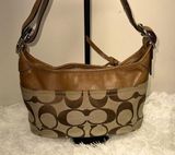 Coach F13359 Tan Leather Cloth Signature-C Shoulder Handbag Photo 0